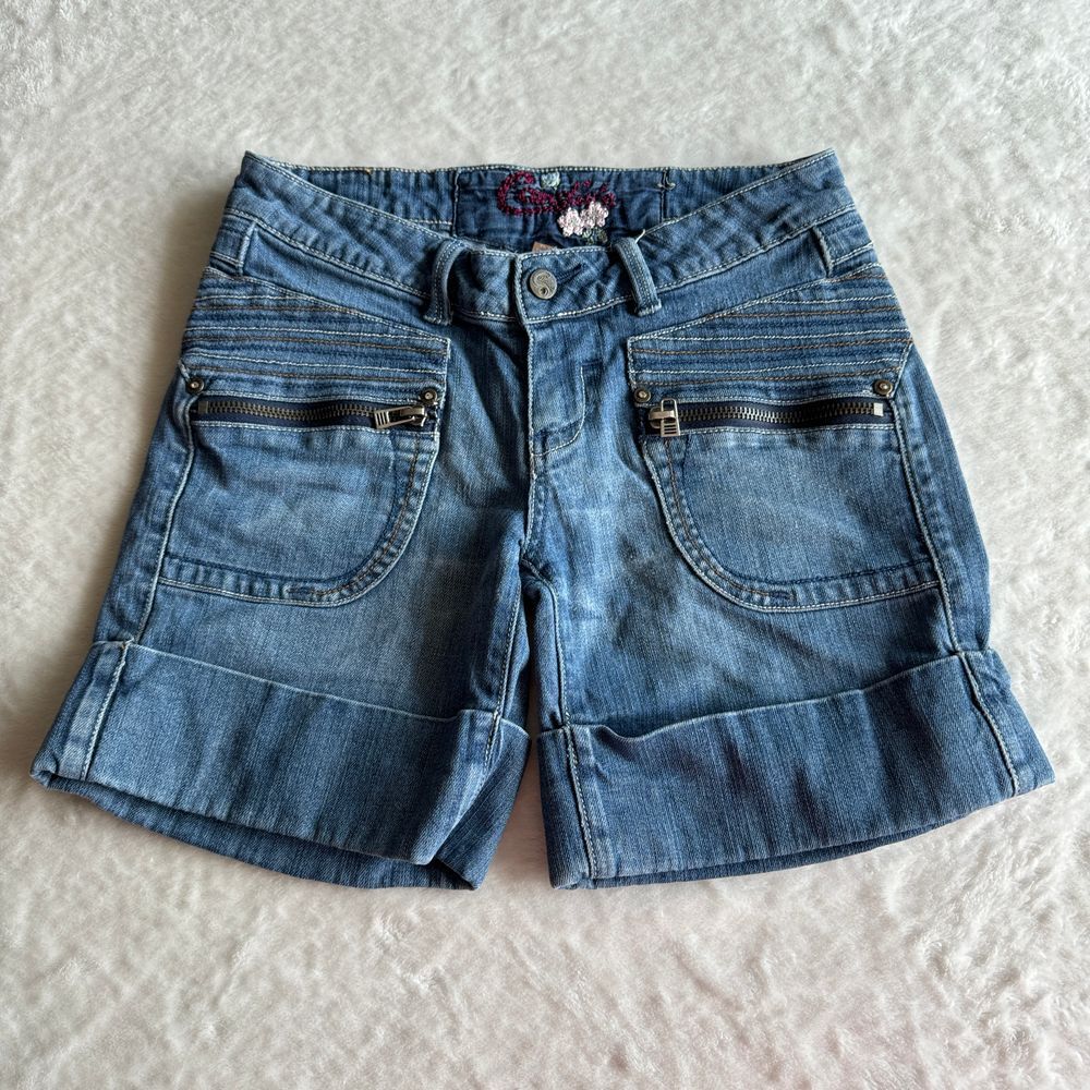 Candies Shorts Womens 3 Blue Denim Y2K Low Rise Zip Pocket Cuffed Vtg Mallcore